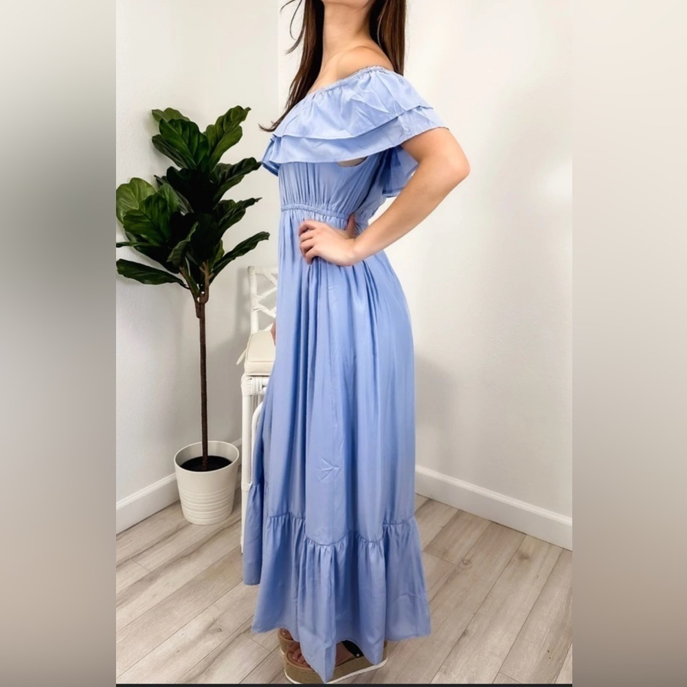 Off-Shoulder Light Blue Ruffled Maxi Dress - Picture 2 of 8